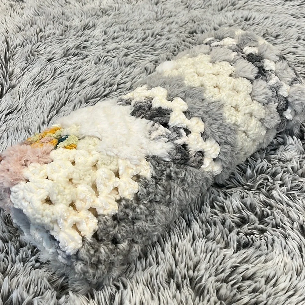 Handmade Crochet Granny Square Velvet Plush Faux Fur Throw Blanket